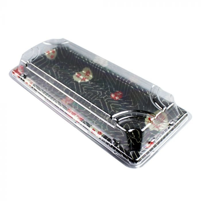 54201.1 Size 01 Sakura Pattern Sushi Tray w/Clear Lid Combo (8.75" x 3.63" x 1.7") - 1 case (600 set) - Image 1