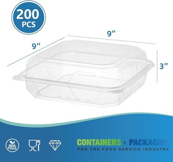 9" x 9" x 3" Clear PET Plastic Hinged-Lid Take Out Container - 1 case (200 piece)