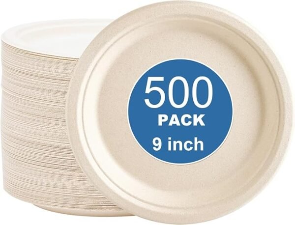 500-Count 9 Inch Compostable Paper Plates, Heavy-Duty Bagasse Disposable Plates, White Sugarcane Plates, PFAS-Free, Ideal for Salads, Sandwiches, Light Entrees & Family Parties