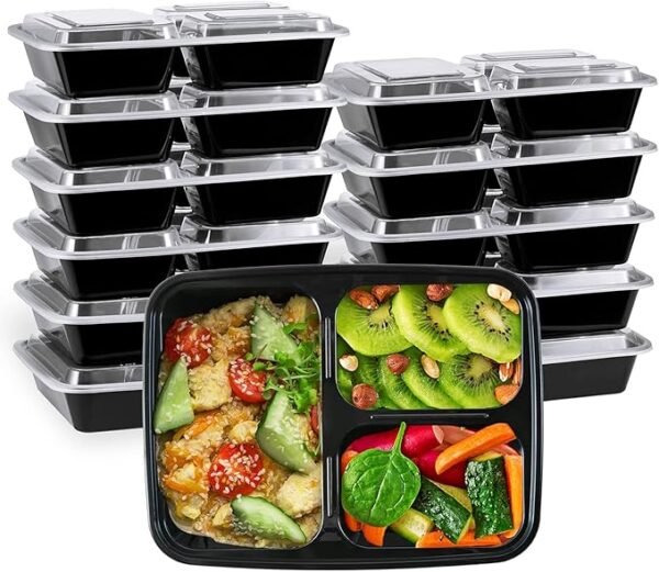 34 oz. 3 Compartment Black Rectangular Plastic Take-Out Container w/ Clear Lid – 150 sets Microwave/Dishwasher/Freezer Safe