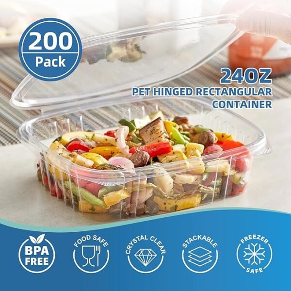 200-Set  24 oz  Clear PET Plastic Hinged-Lid Deli Container