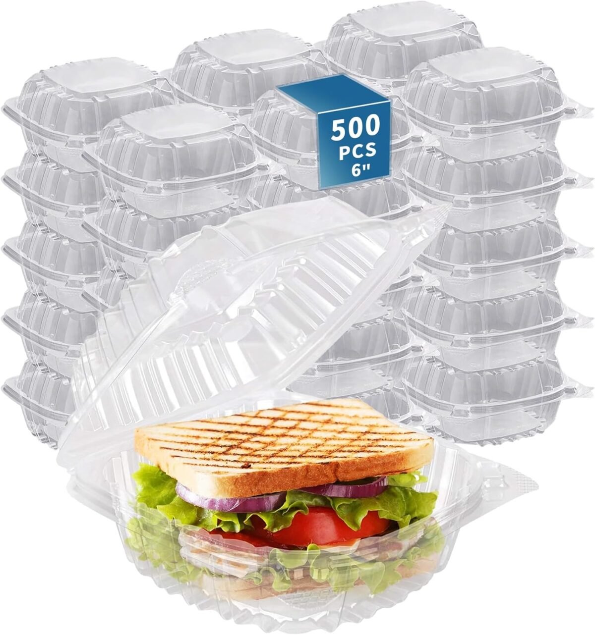 500-6"L x 6"W x 3"H Clear Square Hinged Plastic Containers - Disposable Clamshell Takeout Containers for Pasta, Sandwiches, Burgers - Image 1