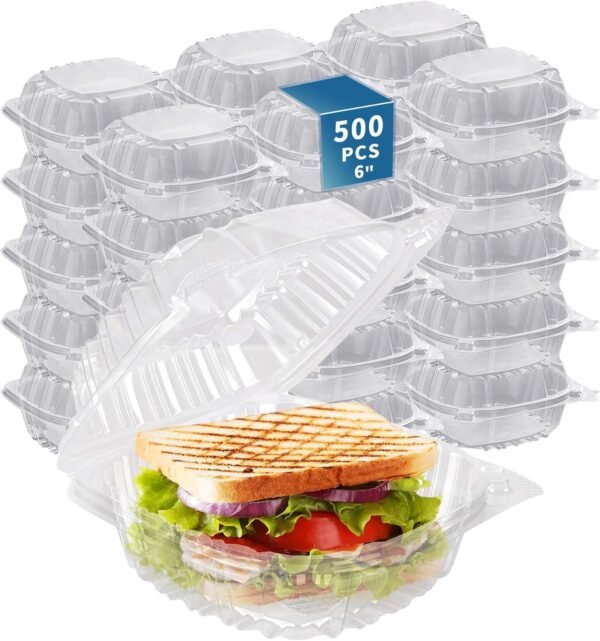 500-6"L x 6"W x 3"H Clear Square Hinged Plastic Containers - Disposable Clamshell Takeout Containers for Pasta, Sandwiches, Burgers