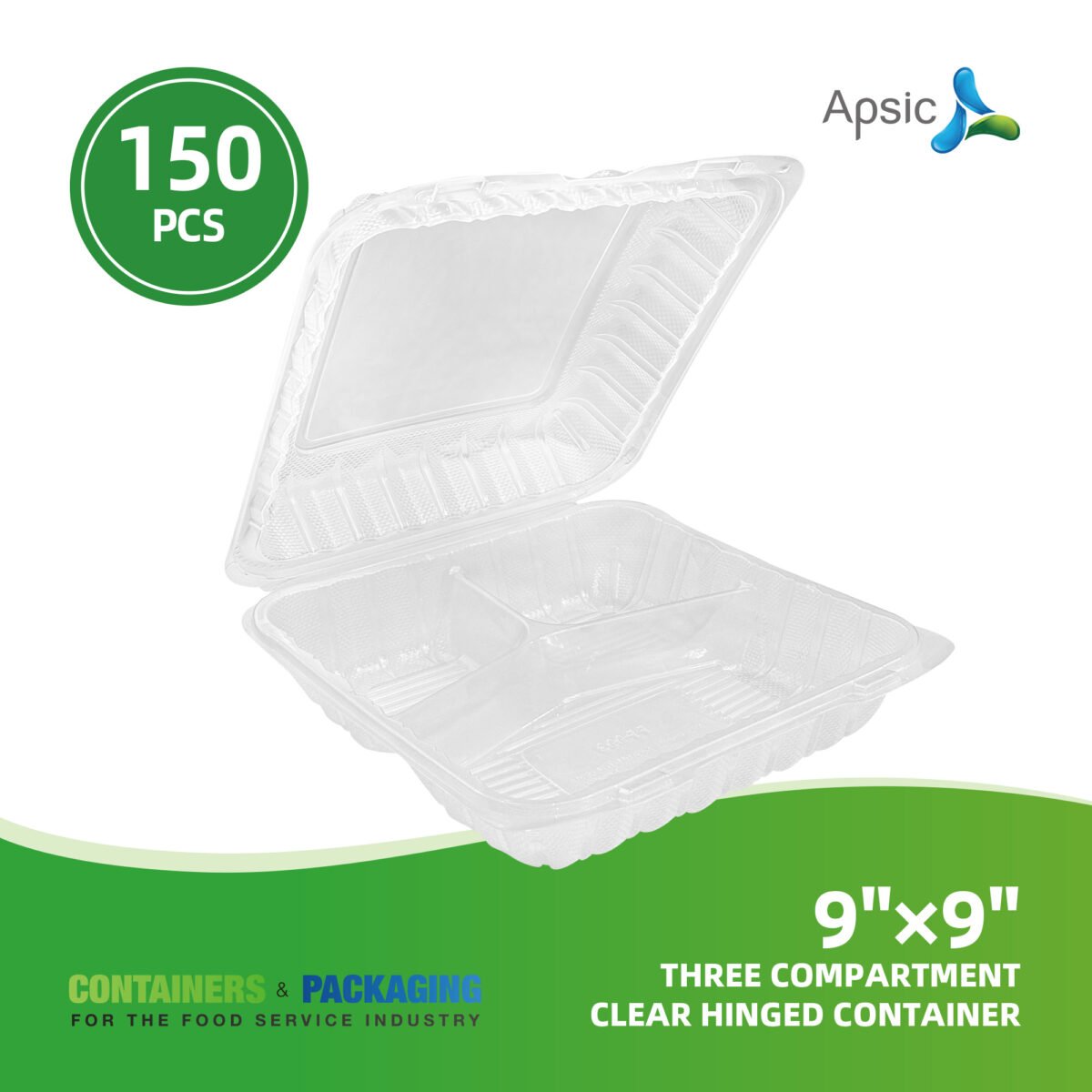 Clear Hinged Clamshell Takeout Containers | 150-Pack, 9"L x 9"W x 3"H Three Compartment | BPA-Free, Disposable Plastic Meal Prep Lunch Boxes - Image 1