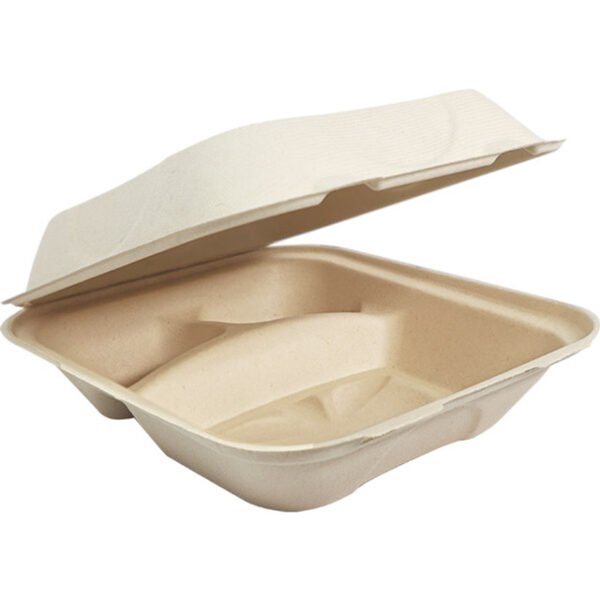 Compostable 3-Compartment Hinged-Lid Take Out Container 9" x 9", Kraft, 100 ct