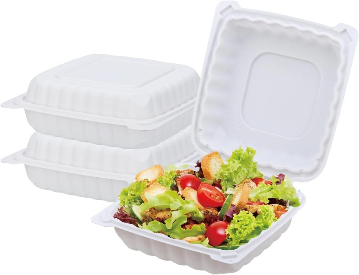 61cfKFiOsoL._AC_SL1500_ 120 Pack 8"x8" Hinged To Go Food Containers, Clamshell Take Out Food Containers with Lids, Disposable Plastic - Image 1
