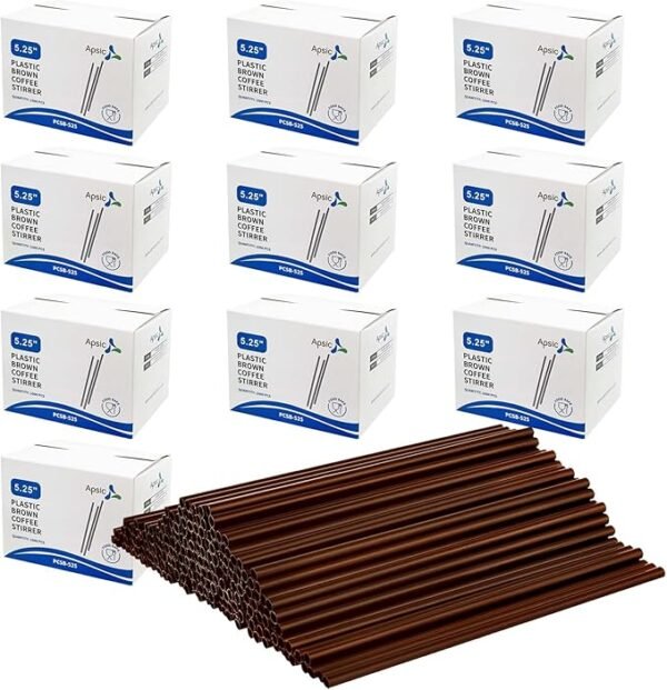 10000 Count 5.25 Inch Plastic Coffee Stirrer Straw, Bulk Disposable Drinking Beverage Mixer Stir Sticks for Cocktail and Coffee - Brown, 1000 Pcs/Box, 10 Boxes