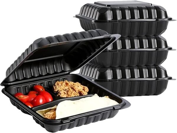 150 Pack Hinged To Go Food Containers, 9"x9" 3-Compartment Clamshell Take Out Food Containers with Lids, Disposable Plastic