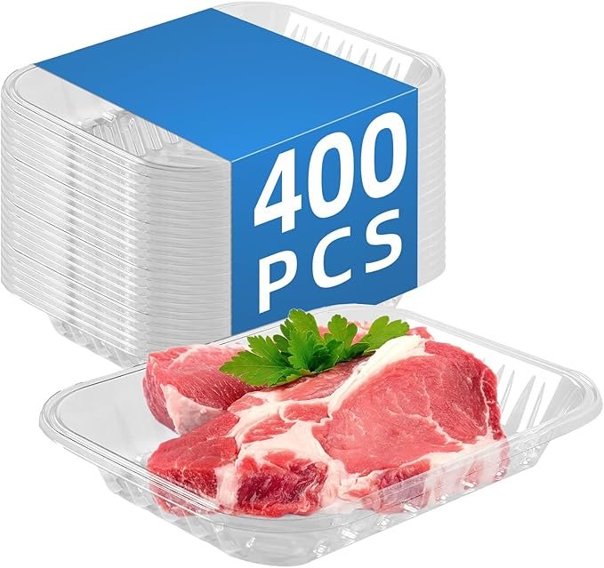 71VpRHdh0NL._AC_SX679_ Clear PET Plastic Meat Tray 8 3/5" X 6 3/10" X 1", 400PCS, Perfect for Meat, Seafood & Fruit Display - Image 1