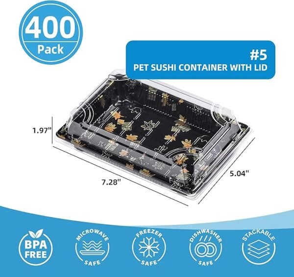 400 Set 7.3"×5"×2" Disposable Black Square Japanese-Style Sushi Trays with Lids - Commercial Sushi Packaging Boxes, Takeout/Carry-Out Boxes