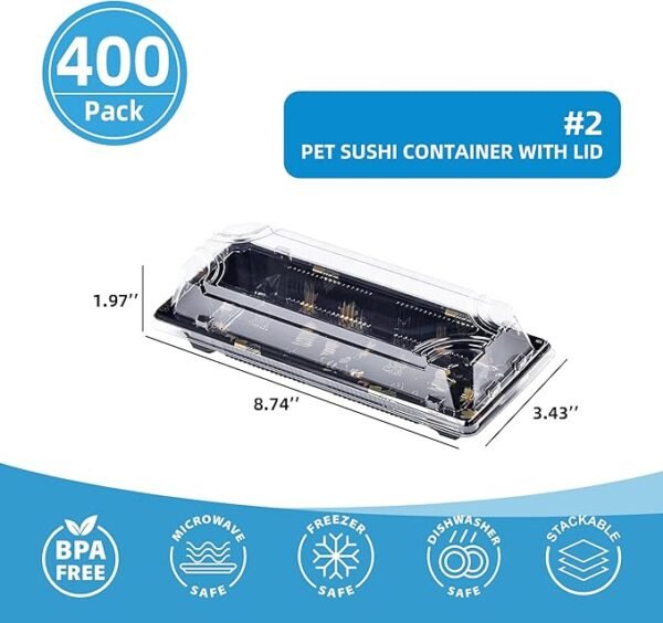 400 Set 8.7"×3.4"×2" Disposable Black Sushi Containers with Transparent Lids - Commercial Sushi Trays, Takeout Boxes for Sandwiches, Swiss Rolls & Restaurants