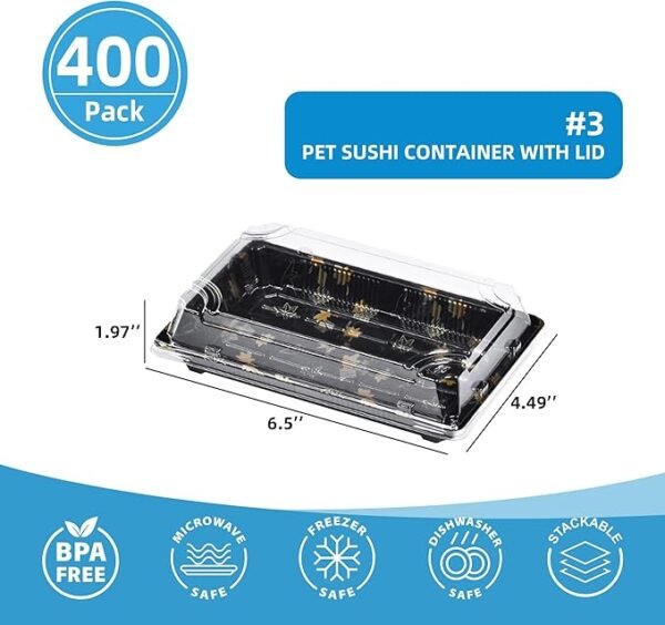 400 Set 6.5"×4.5"×2" Disposable Black Square Japanese-Style Sushi Boxes with Transparent Lids - Commercial Sushi Trays for Camping, Picnics & Restaurants
