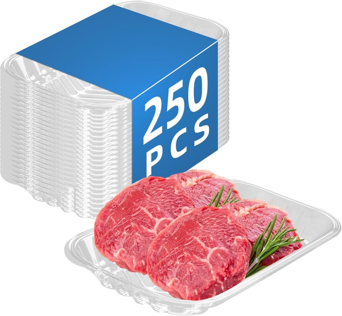 Clear PET Plastic Meat Tray 10 9/10" X 6" X 1 1/10", 250PCS, Perfect for Meat, Seafood & Fruit Display - Image 1