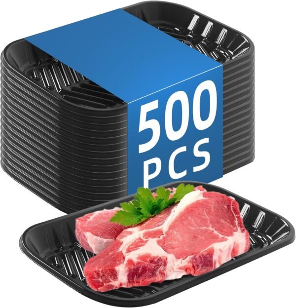 Black PET Plastic Meat Tray 10 1/3" x 5 1/2" x 4/5"' 500PCS, Suitable for Supermarkets Food Service