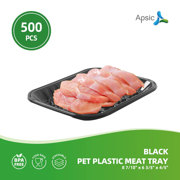 PMTB-20S-0 Black PET Plastic Meat Tray 15" x 8 1/16" x 3/5", 500PCS, Ideal for Deli, Butcher Shops,Catering - Image 1