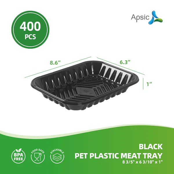 Black PET Plastic Meat Tray 8 3/5" x 6 3/10" x 1", 400PCS, Suitable for Supermarkets Food Service